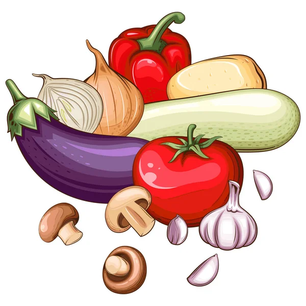 Illustration Frischem Gemüse Gemüsemischung Aus Kartoffeln Tomaten Zwiebeln Pilzen Knoblauch — Stockvektor