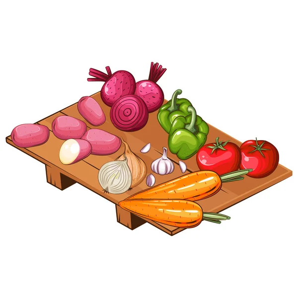 Ilustración Verduras Frescas Mezcla Verduras Patata Tomate Cebolla Zanahoria Ajo — Vector de stock