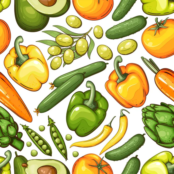 Цветной Бесшовный Узор Свежими Овощами — стоковый вектор