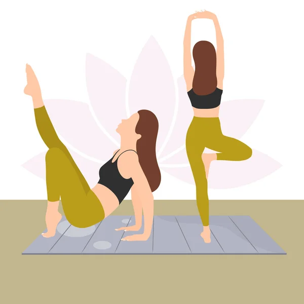 Chica Deportiva Mujeres Haciendo Fitness Yoga Estiramiento Chica Delgada Haciendo — Vector de stock