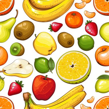 Taze meyveli renksiz desen. Limonlu kusursuz desen. Yemek deseni. Meyve arka planı. Karışık meyve deseni. Mutfak canlı tasarımı. Renkli vektör illüstrasyonu