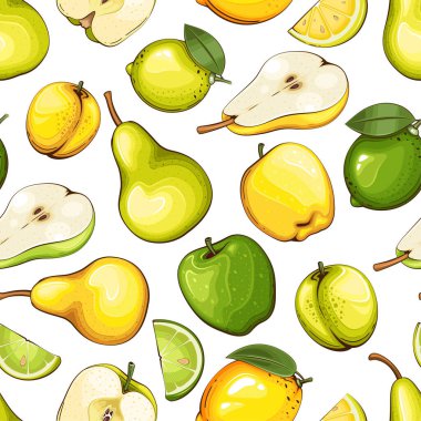 Taze meyveli renksiz desen. Elmalar ve armutlarla kusursuz desen. Yemek deseni. Meyve arka planı. Karışık meyve deseni. Mutfak canlı tasarımı. Renkli vektör illüstrasyonu