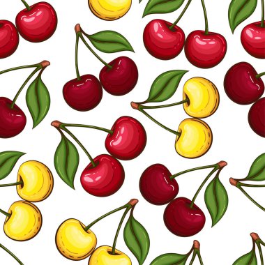 Taze meyveli renksiz desen. Kirazlı kusursuz desen. Yemek deseni. Meyve arka planı. Karışık meyve deseni. Mutfak canlı tasarımı. Renkli vektör illüstrasyonu
