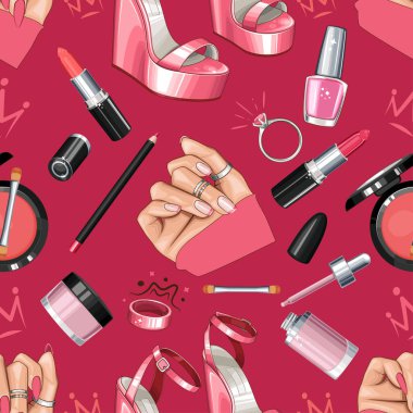 Ayakkabılı, tırnaklı, manikürlü, makyajlı. Kusursuz Güzellik Arkaplanı. Moda aksesuarlarıyla kusursuz desen. Güzellik Salonu dekorasyonu, Güzellik Bloğu, Moda Bloğu için mükemmel. Moda Arkaplanı
