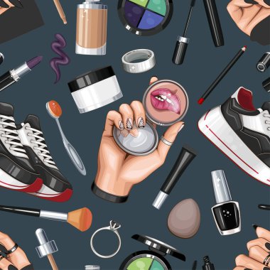 Ayakkabılı, tırnaklı, manikürlü, makyajlı. Kusursuz Güzellik Arkaplanı. Moda aksesuarlarıyla kusursuz desen. Güzellik Salonu dekorasyonu, Güzellik Bloğu, Moda Bloğu için mükemmel. Moda Arkaplanı