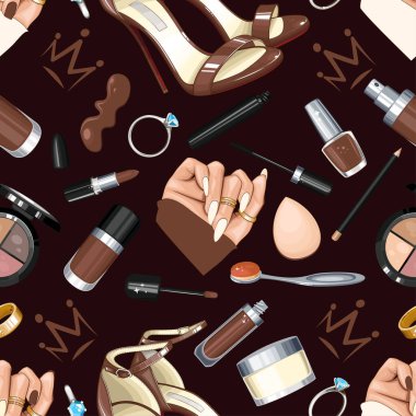 Ayakkabılı, tırnaklı, manikürlü, makyajlı. Kusursuz Güzellik Arkaplanı. Moda aksesuarlarıyla kusursuz desen. Güzellik Salonu dekorasyonu, Güzellik Bloğu, Moda Bloğu için mükemmel. Moda Arkaplanı