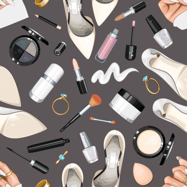 Ayakkabılı, tırnaklı, manikürlü, makyajlı. Kusursuz Güzellik Arkaplanı. Moda aksesuarlarıyla kusursuz desen. Güzellik Salonu dekorasyonu, Güzellik Bloğu, Moda Bloğu için mükemmel. Moda Arkaplanı
