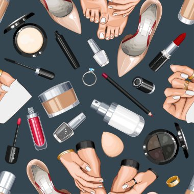 Ayakkabılı, tırnaklı, manikürlü, makyajlı. Kusursuz Güzellik Arkaplanı. Moda aksesuarlarıyla kusursuz desen. Güzellik Salonu dekorasyonu, Güzellik Bloğu, Moda Bloğu için mükemmel. Moda Arkaplanı