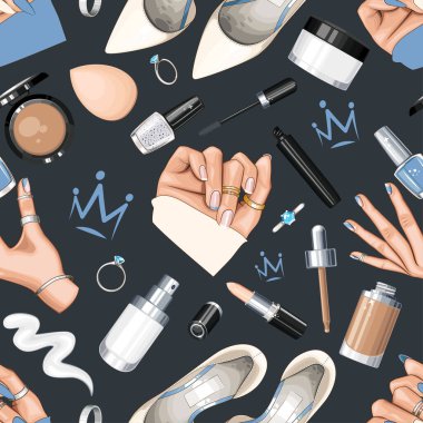 Ayakkabılı, tırnaklı, manikürlü, makyajlı. Kusursuz Güzellik Arkaplanı. Moda aksesuarlarıyla kusursuz desen. Güzellik Salonu dekorasyonu, Güzellik Bloğu, Moda Bloğu için mükemmel. Moda Arkaplanı