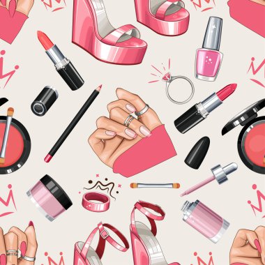 Ayakkabılı, tırnaklı, manikürlü, makyajlı. Kusursuz Güzellik Arkaplanı. Moda aksesuarlarıyla kusursuz desen. Güzellik Salonu dekorasyonu, Güzellik Bloğu, Moda Bloğu için mükemmel. Moda Arkaplanı