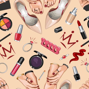Ayakkabılı, tırnaklı, manikürlü, makyajlı. Kusursuz Güzellik Arkaplanı. Moda aksesuarlarıyla kusursuz desen. Güzellik Salonu dekorasyonu, Güzellik Bloğu, Moda Bloğu için mükemmel. Moda Arkaplanı