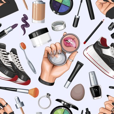 Ayakkabılı, tırnaklı, manikürlü, makyajlı. Kusursuz Güzellik Arkaplanı. Moda aksesuarlarıyla kusursuz desen. Güzellik Salonu dekorasyonu, Güzellik Bloğu, Moda Bloğu için mükemmel. Moda Arkaplanı