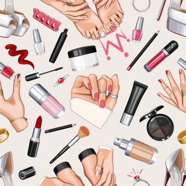 Ayakkabılı, tırnaklı, manikürlü, makyajlı. Kusursuz Güzellik Arkaplanı. Moda aksesuarlarıyla kusursuz desen. Güzellik Salonu dekorasyonu, Güzellik Bloğu, Moda Bloğu için mükemmel. Moda Arkaplanı