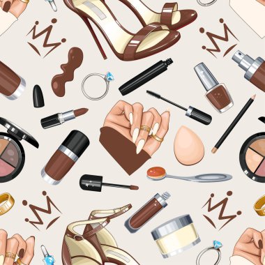 Ayakkabılı, tırnaklı, manikürlü, makyajlı. Kusursuz Güzellik Arkaplanı. Moda aksesuarlarıyla kusursuz desen. Güzellik Salonu dekorasyonu, Güzellik Bloğu, Moda Bloğu için mükemmel. Moda Arkaplanı
