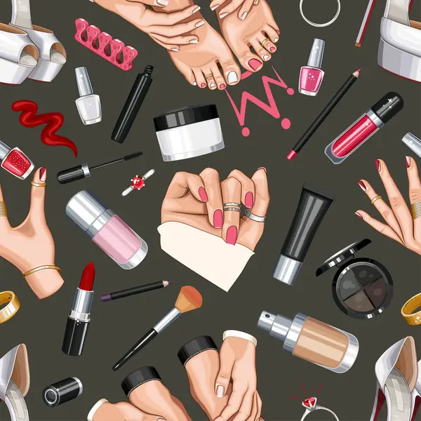 Ayakkabılı, tırnaklı, manikürlü, makyajlı. Kusursuz Güzellik Arkaplanı. Moda aksesuarlarıyla kusursuz desen. Güzellik Salonu dekorasyonu, Güzellik Bloğu, Moda Bloğu için mükemmel. Moda Arkaplanı