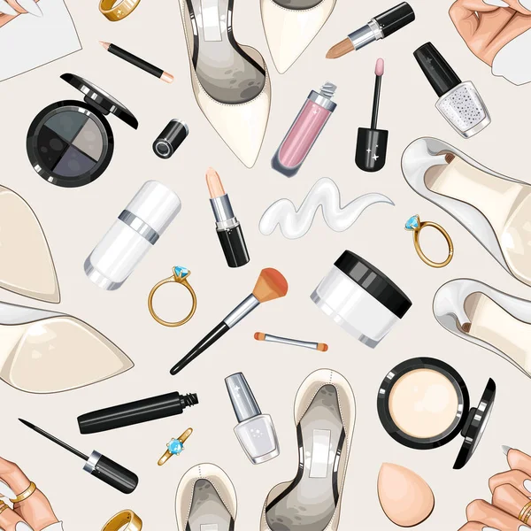 Ayakkabılı, tırnaklı, manikürlü, makyajlı. Kusursuz Güzellik Arkaplanı. Moda aksesuarlarıyla kusursuz desen. Güzellik Salonu dekorasyonu, Güzellik Bloğu, Moda Bloğu için mükemmel. Moda Arkaplanı