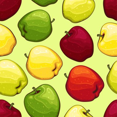 Taze meyveli renksiz desen. Elmalarla kusursuz desen. Yemek deseni. Meyve arka planı. Karışık meyve deseni. Mutfak canlı tasarımı. El çizimi vektör illüstrasyonu