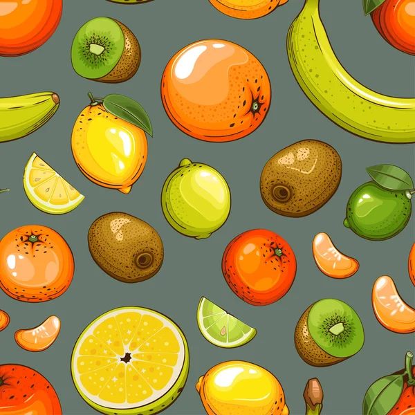 Taze meyveli kusursuz desen. Limonlu kusursuz desen. Yemek deseni. Meyve arka planı. Karışık meyve deseni. Mutfak canlı tasarımı. El çizimi vektör illüstrasyonu