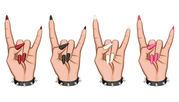 Kadın El Kaya Hareketi illüstrasyonu. Heavy Metal İşareti. Manikürlü ve Yüzüklü Kadın El. Güzellik Salonu tasarım konsepti el çizimi vektör sanatı