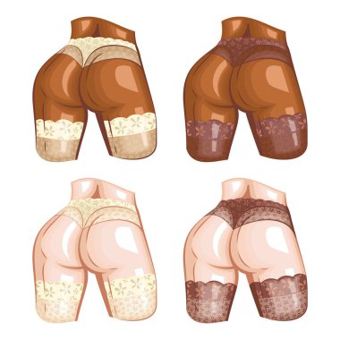 Sexy woman body wearing bikini and lace stockings back view. Women's sexy underwear. HAND DRAWN vector. Stockings and bikinis on athletic body. Lingerie Model Close up sexy female ass in bikini