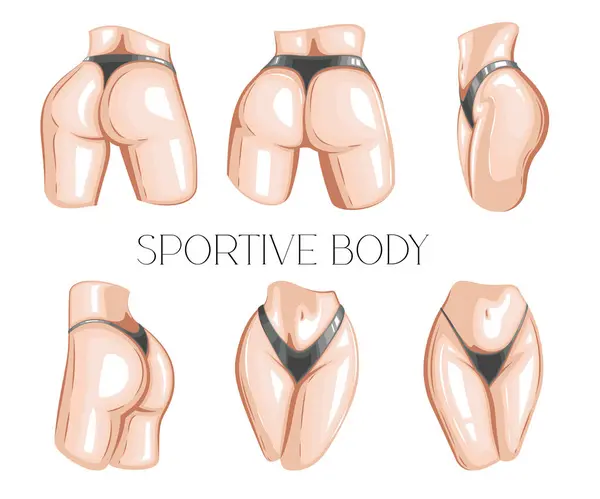 Sportive woman body wearing bikini back and front view. Women's sexy underwear. HAND DRAWN vector. Elegant bikinis on an athletic body. Lingerie Model Close up sexy female ass in bikini