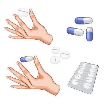 İlaçlar beyaza izole edilmiş. El Tutma Hapları. Tıp konsepti. Tıbbi geçmişi var. Tıbbi ve eczane elementleri. Haplar ve uyuşturucular tecrit edilmiş hastane seti. 