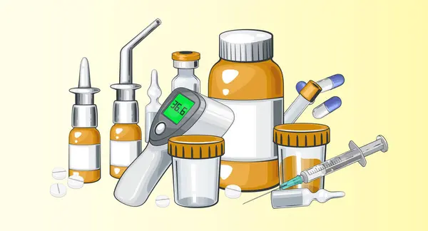 Tıp konsepti. Tıbbi geçmişi var. Tıbbi ve eczane elementleri. Haplar ve uyuşturucular, termometre, şırınga, şişeler, ampul. İzole hastane seti