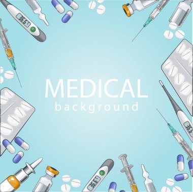 Tıbbi Sancak. Tıbbi Backgorund. Termometre, ampul, şırınga, haplar. Tıp konsepti. Tıp geçmişi var. Tıbbi ve eczane elementleri. Tıp Eğitimi İllüstrasyonu
