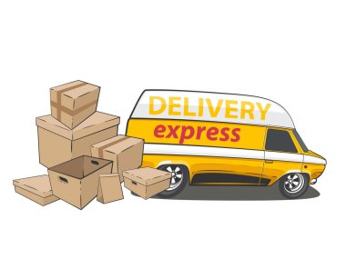 Teslimat kamyonu çizimi. Teslimat konsept tasarım şablonu. Teslimat hizmeti konsepti. Kargo ve Lojistik el çizimi vektör çizimi. Teslimat aracı izole edildi. Çizgi film Biçimi