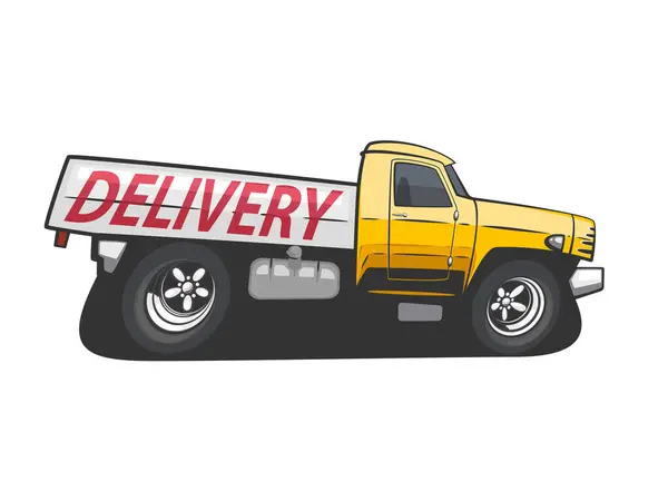 Teslimat kamyonu çizimi. Teslimat konsept tasarım şablonu. Teslimat hizmeti konsepti. Kargo ve Lojistik el çizimi vektör çizimi. Teslimat aracı izole edildi. Çizgi film Biçimi