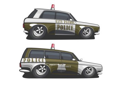 Polis arabası çizimi izole edildi. Çizgi film stili polis arabası el çizimi vektör sanatı. Devriye aracı. Modern polis arabası. Şehir polis arabası..