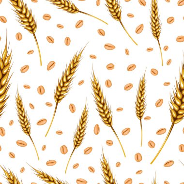 Buğday dikenleri ve tahıllar dikişsiz desen. Organik buğday arka planı. Organik gıda konsepti. Kumaş, ambalaj, fırın desenleri. El Çizimi vektör illüstrasyonu