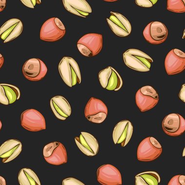 Fındıksız desen. Fındık fıstıklı arka plan. Organik gıda konsepti. Kumaş, ambalaj, kahve ve pastaneler için fındık deseni. El Çizimi illüstrasyonu