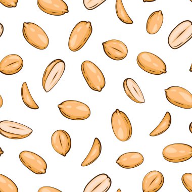Fındıksız desen. Fıstık arkaplanı. Organik gıda konsepti. Kumaş, ambalaj, kahve ve pastaneler için fındık deseni. El Çizimi illüstrasyonu