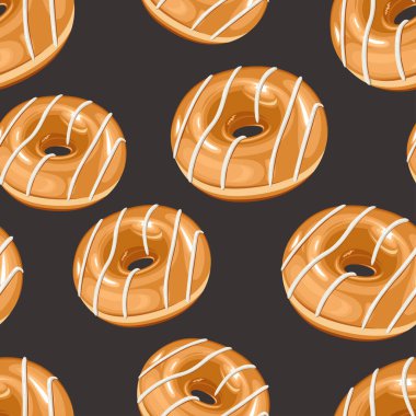 Yemek dizaynı. Donut arka planı. Çöreklerle kusursuz desen. Kumaş, ambalaj kağıdı, ambalaj, kahve ve pastaneler için çörek deseni. El Çizimi illüstrasyonu.