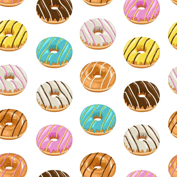 Yemek dizaynı. Donut arka planı. Çöreklerle kusursuz desen. Kumaş, ambalaj kağıdı, ambalaj, kahve ve pastaneler için çörek deseni. El Çizimi illüstrasyonu.