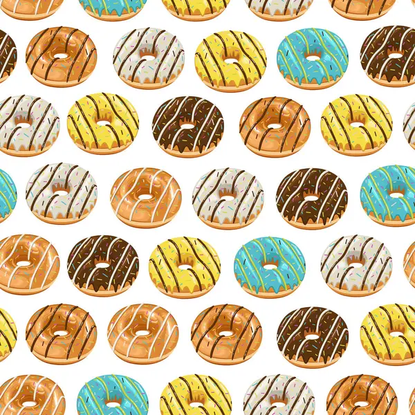Yemek dizaynı. Donut arka planı. Çöreklerle kusursuz desen. Kumaş, ambalaj kağıdı, ambalaj, kahve ve pastaneler için çörek deseni. El Çizimi illüstrasyonu.