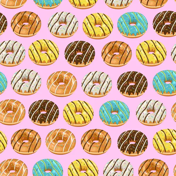 Yemek dizaynı. Donut arka planı. Çöreklerle kusursuz desen. Kumaş, ambalaj kağıdı, ambalaj, kahve ve pastaneler için çörek deseni. El Çizimi illüstrasyonu.