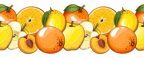 Gıda Sınırı Kusursuz. Meyveli kusursuz Garland. Taze meyveli yatay sınır. Fruits Seamless. Sağlıklı gıda konsepti. Organik Gıda Pazarı, Banner, Flyer, Duvar Kağıdı, Tekstil