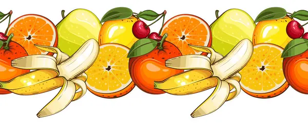 Gıda Sınırı Kusursuz. Meyveli kusursuz Garland. Taze meyveli yatay sınır. Fruits Seamless. Sağlıklı gıda konsepti. Organik Gıda Pazarı, Banner, Flyer, Duvar Kağıdı, Tekstil