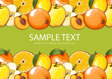 Meyve arka planı. Organik meyve pankartı tasarımı. Meyve yerleşimi. Çiftçi pazarında taze meyveli pankart. Yerel yemek. Tarımsal Hasat El Çizimi Posteri. Pazarlama ve reklam şablonu