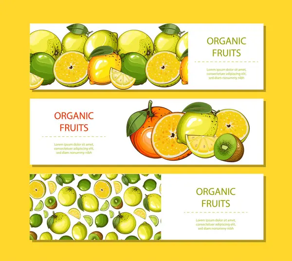 Meyve arka planı. Organik meyve pankartı tasarımı. Meyve yerleşimi. Çiftçi pazarında taze meyveli pankart. Yerel yemek. Tarımsal Hasat El Çizimi Posteri. Pazarlama ve reklam şablonu