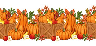 Balkabağı, meşe palamudu ve yapraklarla Garland 'a düş. Kusursuz Yatay Arkaplan. Sonbahar İllüstrasyonu. Sonbahar Çiçeği Tasarımı. Botanik çelengi tertemizdi. Hasat Festivali Sınır Çerçevesi