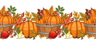 Balkabağı, meşe palamudu ve yapraklarla Garland 'a düş. Kusursuz Yatay Arkaplan. Sonbahar İllüstrasyonu. Sonbahar Çiçeği Tasarımı. Botanik çelengi tertemizdi. Hasat Festivali Sınır Çerçevesi