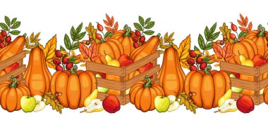 Balkabağı, meşe palamudu ve yapraklarla Garland 'a düş. Kusursuz Yatay Arkaplan. Sonbahar İllüstrasyonu. Sonbahar Çiçeği Tasarımı. Botanik çelengi tertemizdi. Hasat Festivali Sınır Çerçevesi