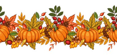 Balkabağı, meşe palamudu ve yapraklarla Garland 'a düş. Kusursuz Yatay Arkaplan. Sonbahar İllüstrasyonu. Sonbahar Çiçeği Tasarımı. Botanik çelengi tertemizdi. Hasat Festivali Sınır Çerçevesi