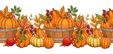 Balkabağı, meşe palamudu ve yapraklarla Garland 'a düş. Kusursuz Yatay Arkaplan. Sonbahar İllüstrasyonu. Sonbahar Çiçeği Tasarımı. Botanik çelengi tertemizdi. Hasat Festivali Sınır Çerçevesi