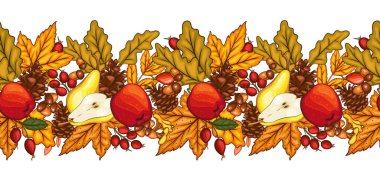 Balkabağı, meşe palamudu ve yapraklarla Garland 'a düş. Kusursuz Yatay Arkaplan. Sonbahar İllüstrasyonu. Sonbahar Çiçeği Tasarımı. Botanik çelengi tertemizdi. Hasat Festivali Sınır Çerçevesi