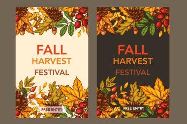 Sonbahar Hasat Festivali Bayrağı şablonu. Hasat Festivali Poster Tasarımı. Sonbahar Hasat ve Yaprakları ile Tahta Kutu. Balkabağı, elma, meşe palamudu ve sonbahar yeşili. Taze meyve çiftliği. Şükran Günü Tasarımı için sonbahar unsurları. Sonbahar Düzeni Şablonu