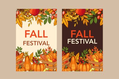 Sonbahar Hasat Festivali Bayrağı şablonu. Hasat Festivali Poster Tasarımı. Sonbahar Hasat ve Yaprakları ile Tahta Kutu. Balkabağı, elma, meşe palamudu ve sonbahar yeşili. Taze meyve çiftliği. Şükran Günü Tasarımı için sonbahar unsurları. Sonbahar Düzeni Şablonu